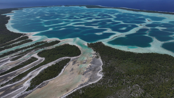 Drone Aerial View of Mataiva Atoll and its Reticulated Lagoon, Leopard Lagoon, Tuamotu Archipelago, French Polynesia