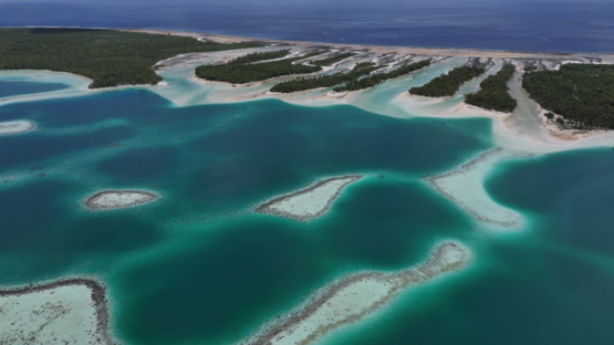 Drone Aerial View of Mataiva Atoll and its Reticulated Lagoon, Leopard Lagoon, Tuamotu Archipelago, French Polynesia