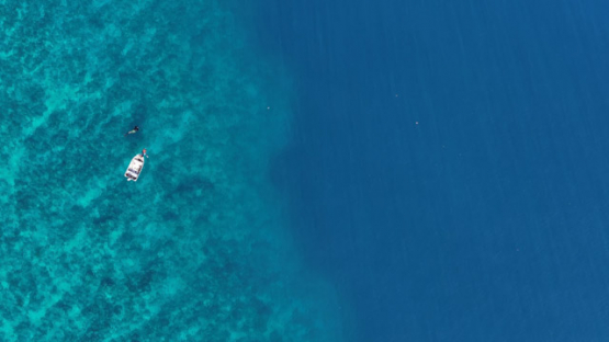 Spearfisherman, freediver, and Small Boat, Drone Aerial View of Tahaa Turquoise Lagoon, French Polynesia