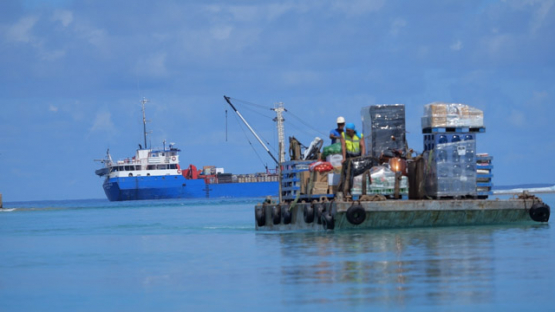 MarevaNui, The Supply Cargo Ship Unloading at a Tuamotu Atoll, French Polynesia