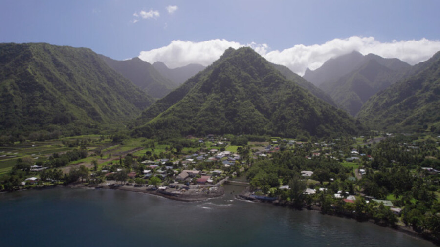 Aerial drone view Teahupoo village Peninsula, Tahiti