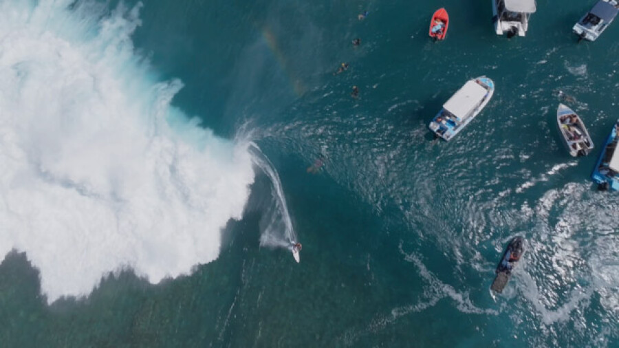 Aerial Teahupoo Wave Surfer Drone View