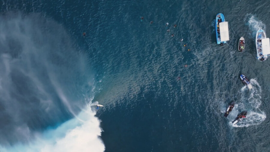 Aerial View Teahupoo Wave Surfer Boats