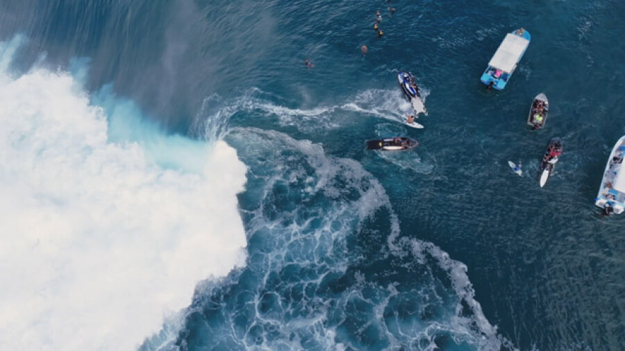 Aerial View Teahupo'o Breaking Wave Boats
