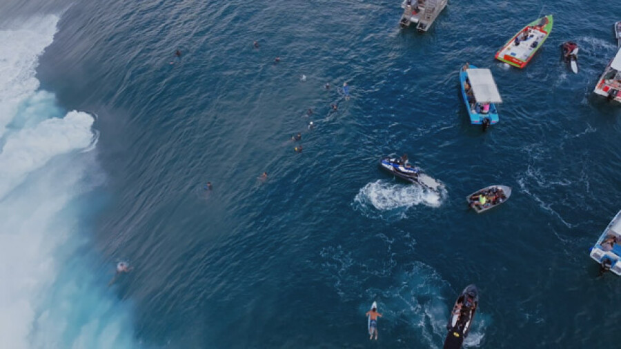 Aerial View Teahupoo Wave Surfing Boats