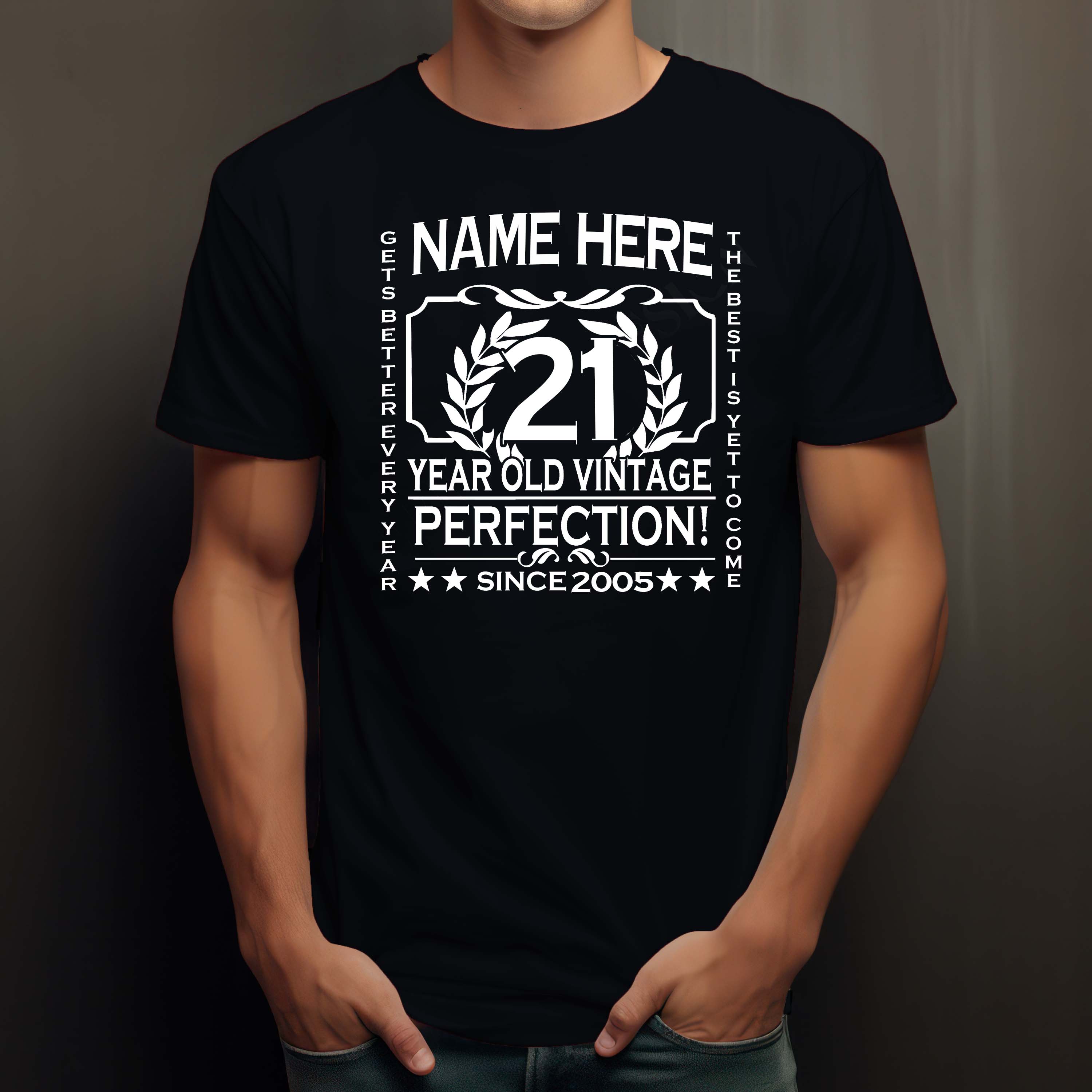 Men’s 21st Birthday T-Shirt Classic add NAME, AGE, YEAR 2005 PERSONALISED