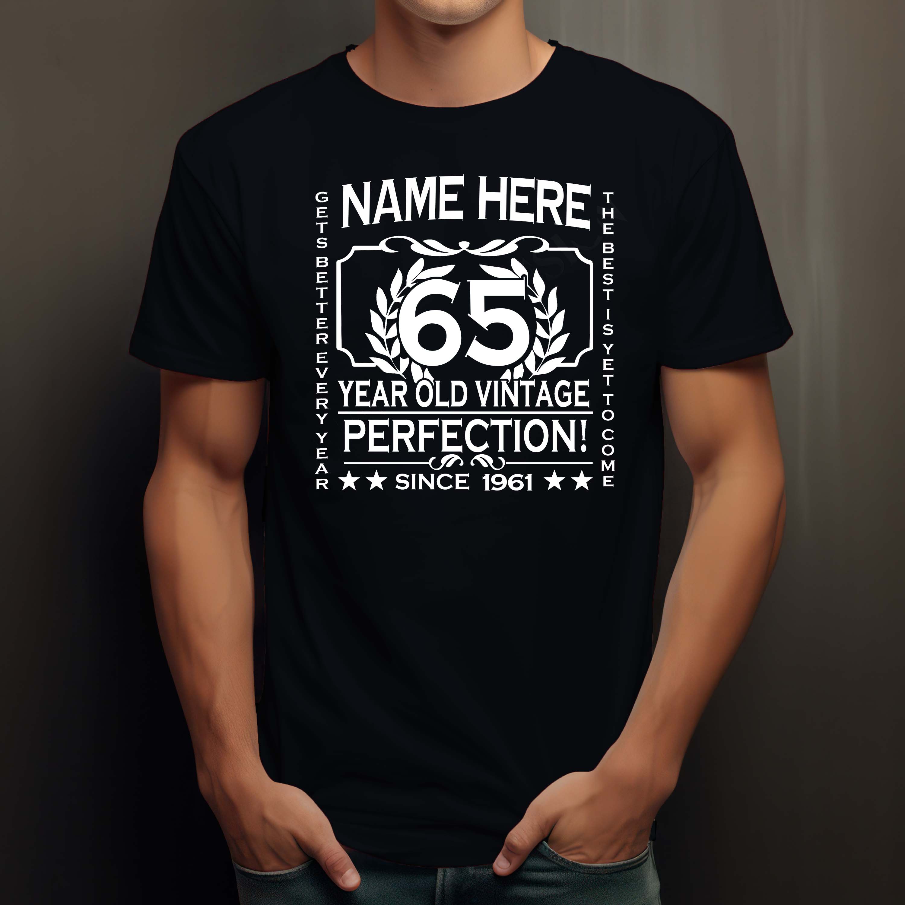 Men’s 65th Birthday T-Shirt Classic add NAME, AGE, YEAR 1961 PERSONALISED