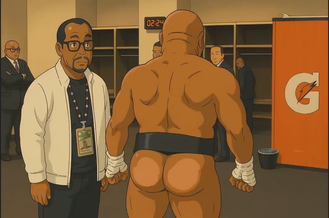 Ghibli style version of a backstage locker room scene from a Mike Tyson boxing match.