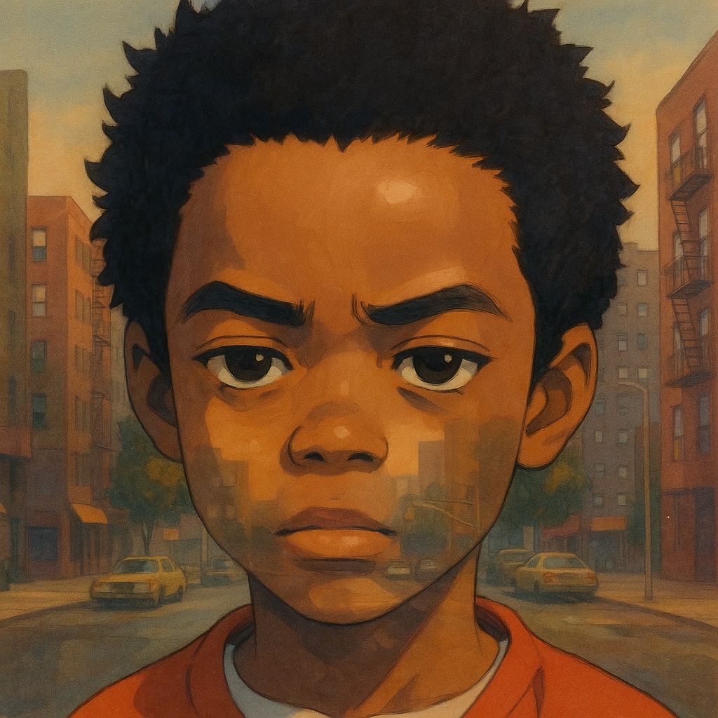 Ghibli style version of "The Boondocks" character. The image captures a contemplative expression, set against an urban street backdrop, using Ghibli's signature soft pastel palette and detailed artistry.