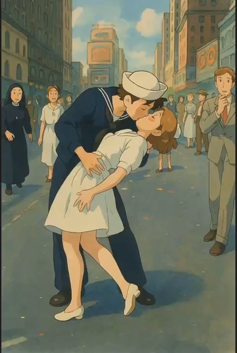 Ghibli style version of the iconic "V-J Day in Times Square" photograph, depicting a sailor kissing a woman in a bustling city street with onlookers in the background.