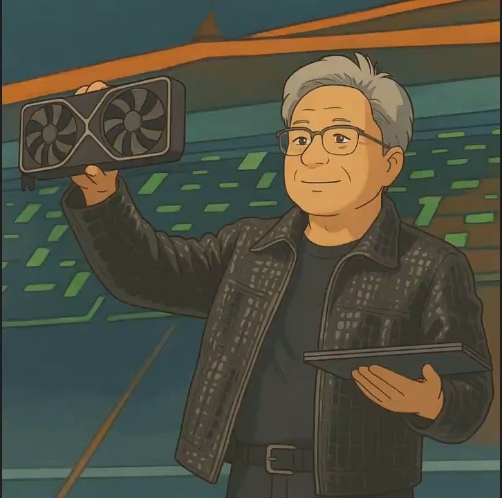Ghibli style version of Jensen Huang holding a graphics card during an NVIDIA keynote presentation.