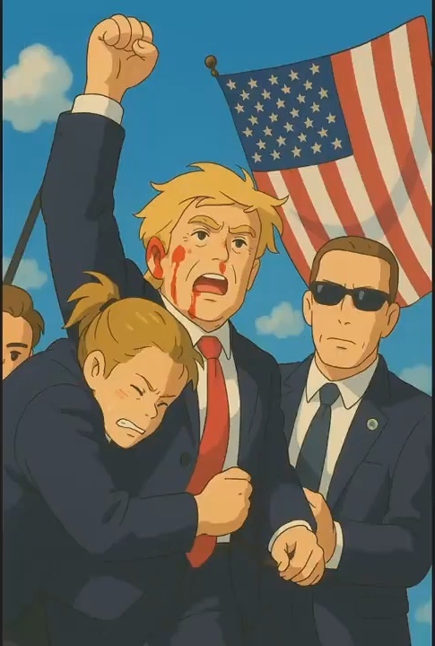 Ghibli style version of the image showing former U.S. President Donald Trump raising his fist with a bloodied face while being protected by Secret Service agents during an assassination attempt at a rally in Butler, Pennsylvania on July 13, 2024.