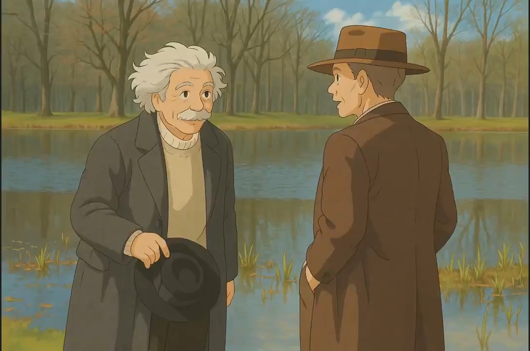 Ghibli style version of a historical image of Albert Einstein engaged in conversation with Oppenheimer.