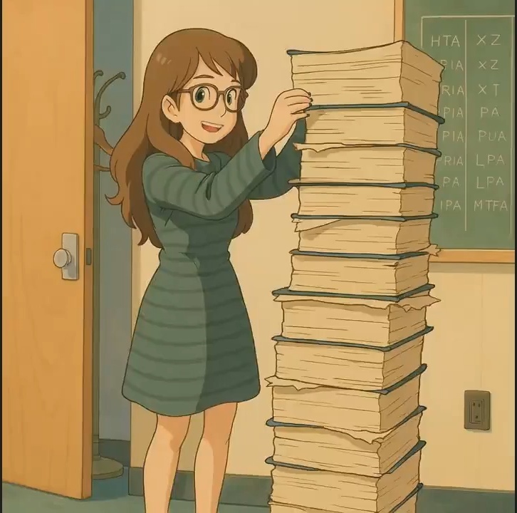 Ghibli style version of the "Explaining to Lucy" meme, featuring a teacher-like character in a classroom stacking books with a cheerful expression.
