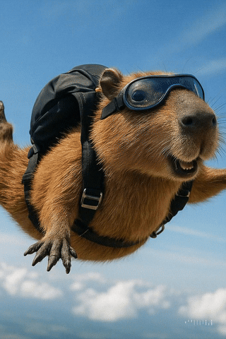 Animated GIF of a skydiving capybara wearing goggles, parachute opening