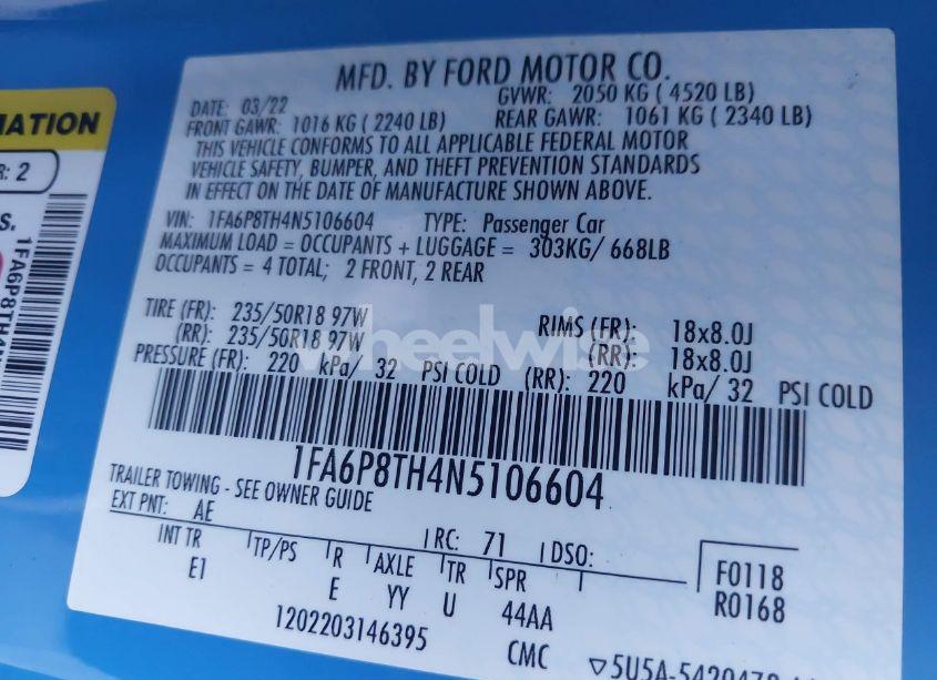 Thumbnail 17 of 2022 FORD MUSTANG ECOBOOST PREMIUM FASTBACK