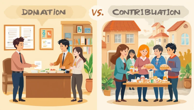 Ilustrasi sederhana tentang perbedaan donasi dan sumbangan, menunjukkan suasana formal berdonasi melalui lembagayang resmi, dan suasana santai memberi sumbangan secara langsung kepada komunitas.