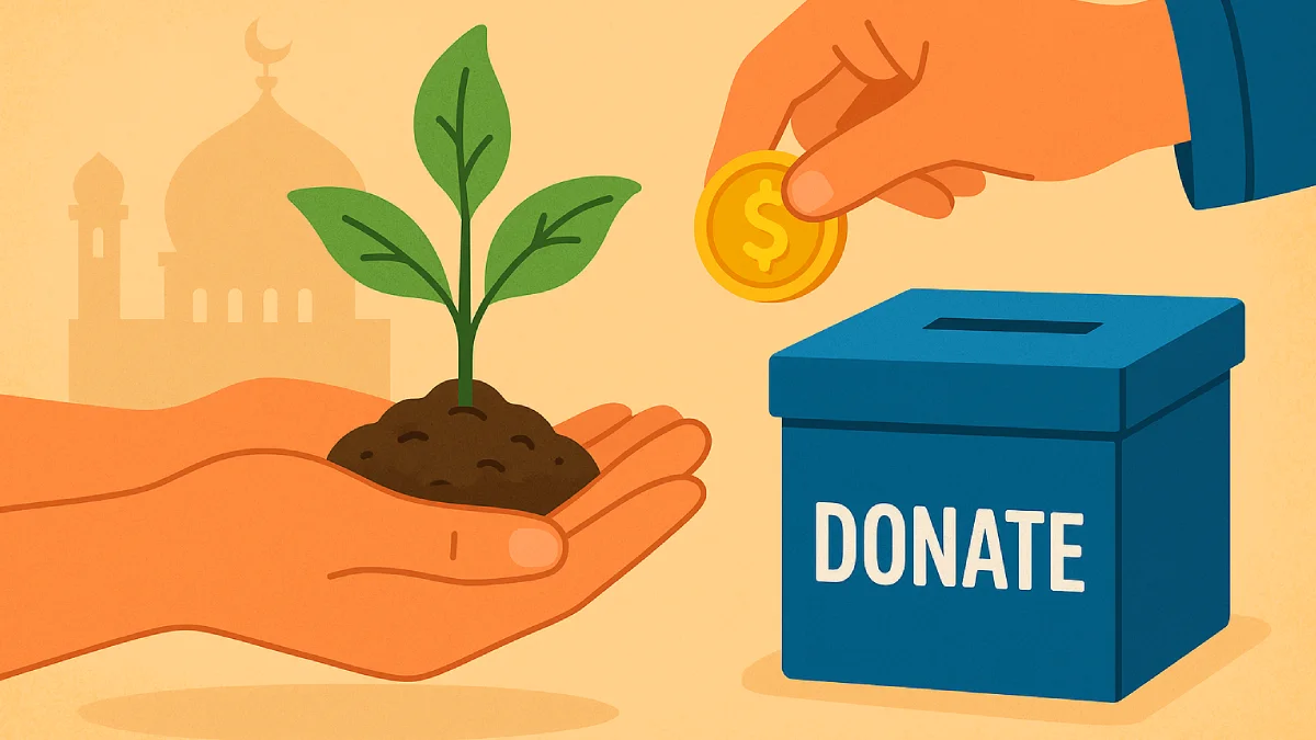 Ilustrasi amal jariyah dengan tangan yang memegang tanaman muda di atas uang koin, sementara tangan lain menyisipkan koin ke dalam kotak biru bertuliskan "DONATE," latar belakang menampilkan siluet masjid.