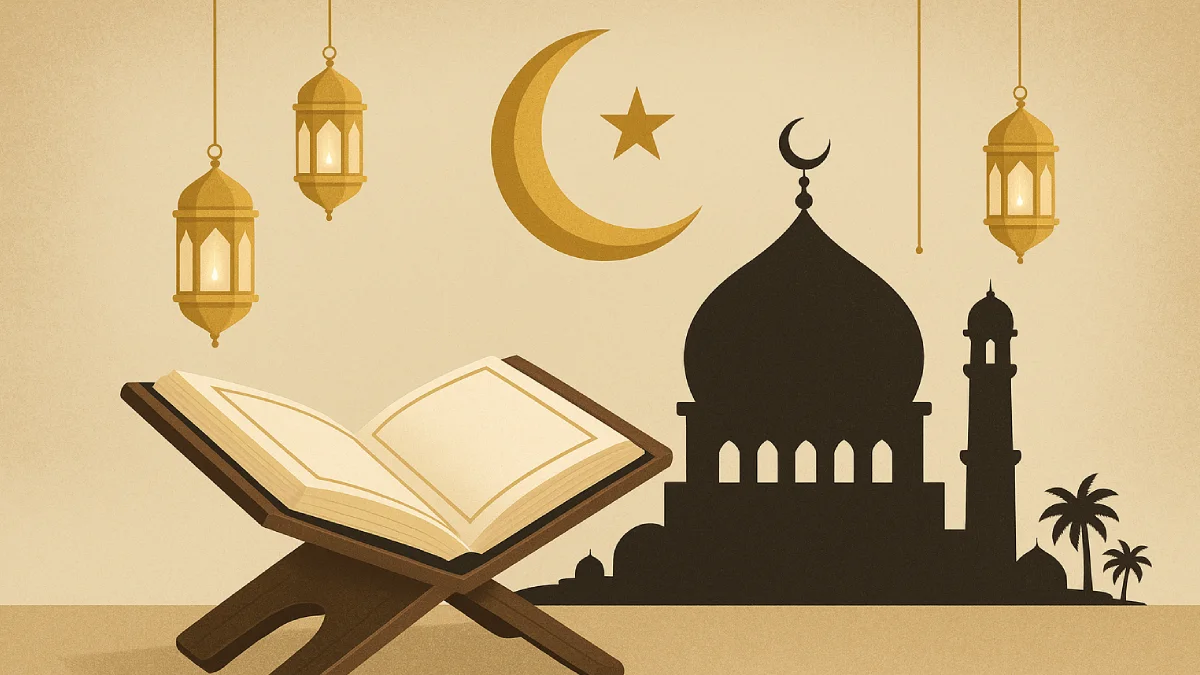 Ilustrasi simbolis amalan 1 Muharram dengan Al-Quran terbuka di atas mimbar, latar siluet masjid, lampu sengkang, dan bulan sabit, melambangkan ibadah dan refleksi spiritual di awal tahun Islam.