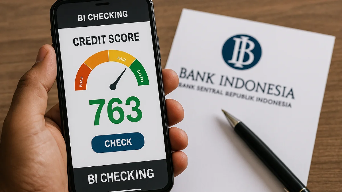 Seorang tangan memegang ponsel yang menampilkan skor kredit 782 EXCELLENT pada aplikasi BI Checking , disampingnya terdapat dokumen cara cek BI checking dan laptop.