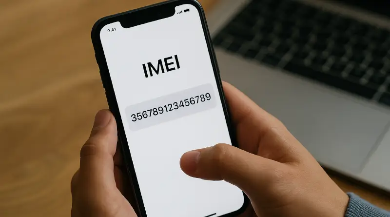 "Ilustrasi cara cek IMEI iPhone dengan menampilkan nomor unik di layar smartphone, laptop di latar belakang."