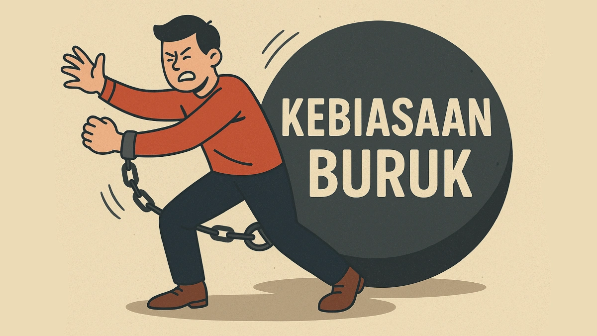 Ilustrasi Cara Hilangkan Kebiasaan Buruk. Seorang pria berjuang melepaskan rantai yang terikat pada batu besar bertuliskan kebiasaan buruk.