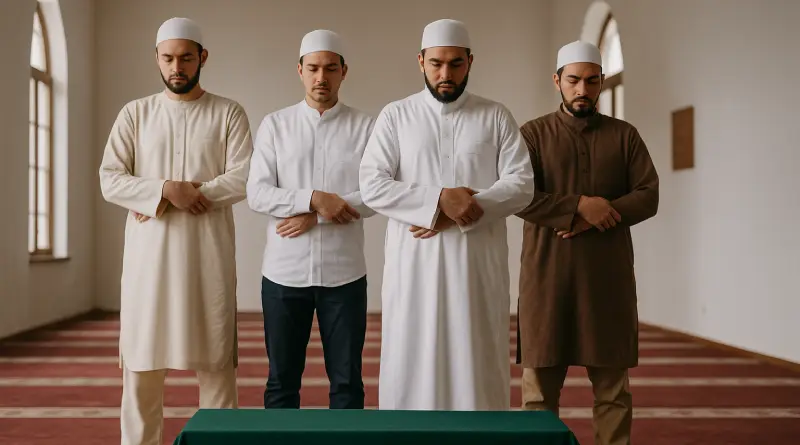 Empat pria berpakaian adat Islam sedang melaksanakan cara sholat jenazah di masjid. Mereka berdiri dengan kepala tertunduk, tangan saling menggenggam di dada, di depan meja hijau yang mungkin menutupi jenazah. Latar belakang menunjukkan interior masjid sederhana dengan jendela berbentuk lengkung dan karpet merah.