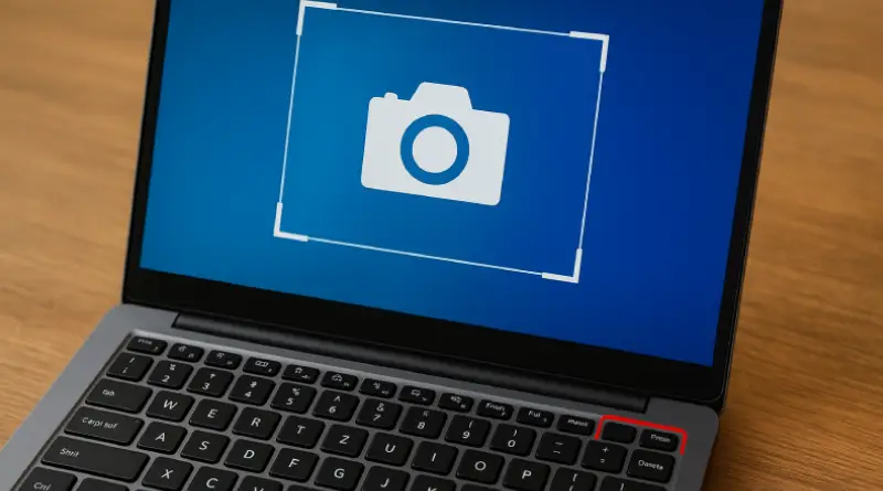 Laptop dengan layar menampilkan ikon kamera putih di dalam bingkai putar berwarna biru, keyboard hitam, dan tombol "Prnt Scrn" diberi tanda kotak merah untuk cara ss di komputer.