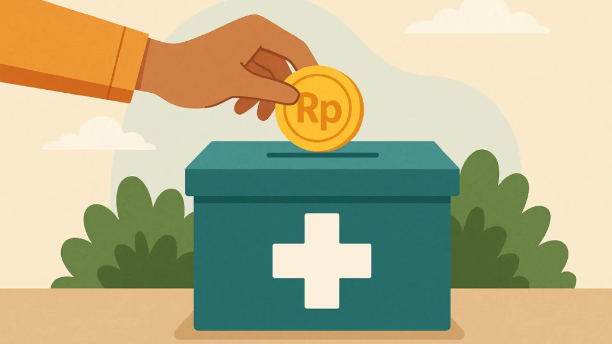 Ilustrasi simbolis donasi kesehatan dengan tangan yang memberikan kotak donasi berlogo bintang empat.