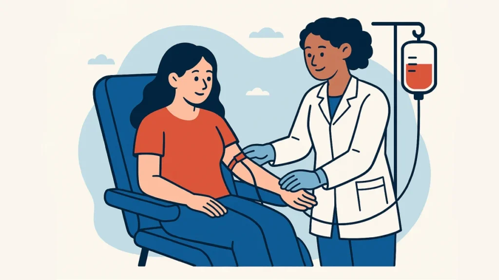 Ilustrasi wanita mendonorkan darah dengan bantuan medis. Menunjukkan cara donor darah sederhana dan aman.