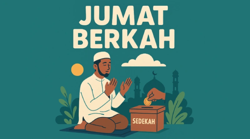 Ilustrasi pria berpakaian putih duduk berdoa di atas sajadah, tangan memegang koin emas yang dilemparkan ke kotak sedekah bertuliskan "SEDEKAH". Latar belakang menampilkan siluet masjid, awan, dan matahari kecil. Teks besar "JUMAT BERKAH" berwarna krem mendominasi bagian atas.