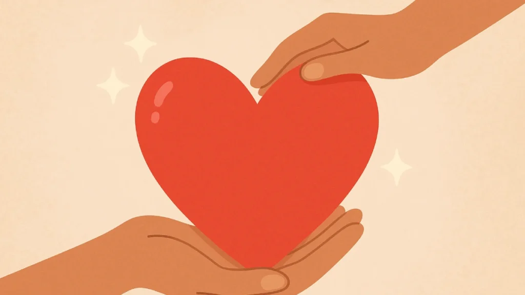 Kebaikan hati dalam ilustrasi dua tangan berbeda warna kulit memberikan jantung merah transparan di latar krem.