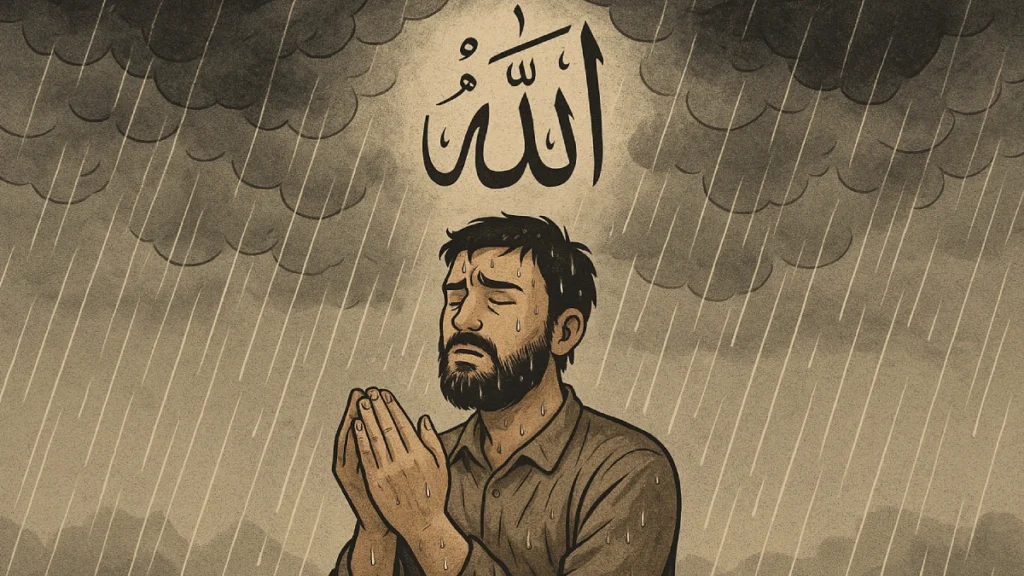 Pria berdoa di bawah langit gelap hujan deras, tulisan "الله" (Allah) terpampang jelas, simbolisasi Allah berikan cobaan dalam ujian hidup.