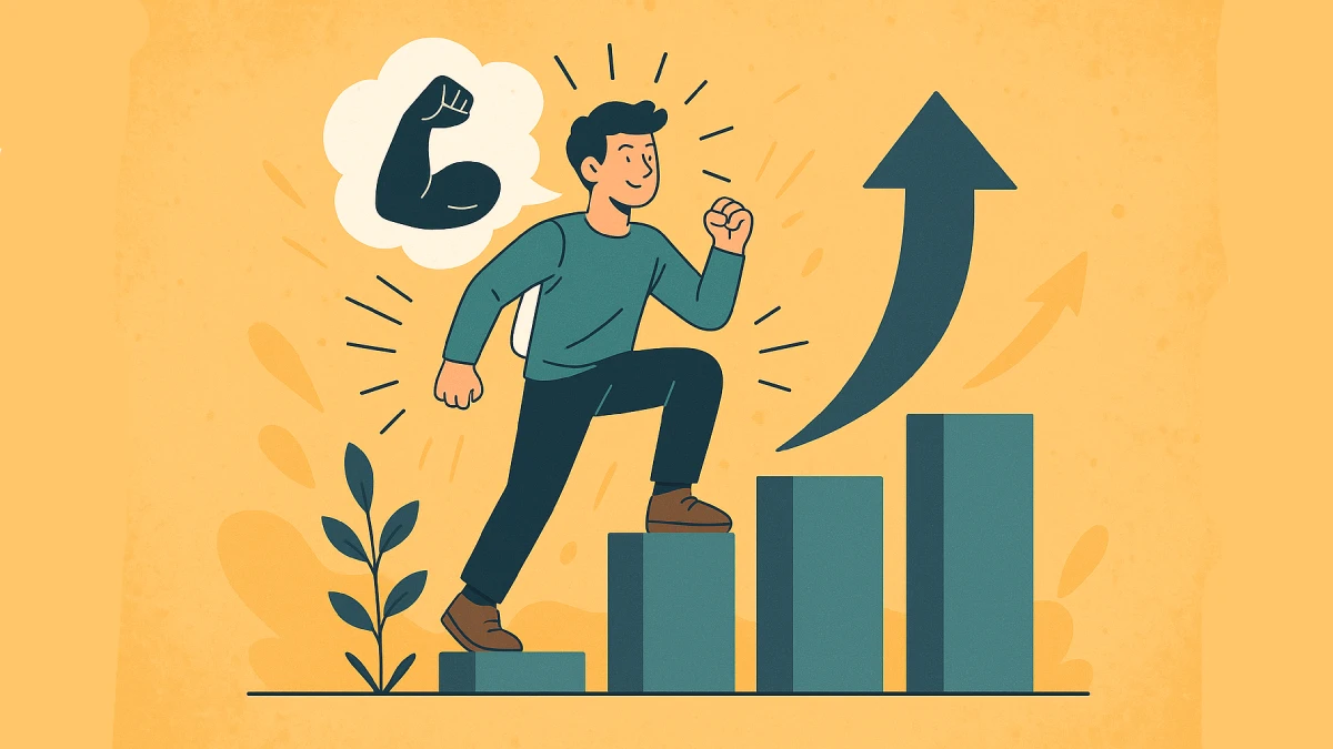 Ilustrasi konsep motivasi diri dengan simbol-simbol seperti lampu pikiran, daftar tujuan, dan grafik peningkatan kemajuan.