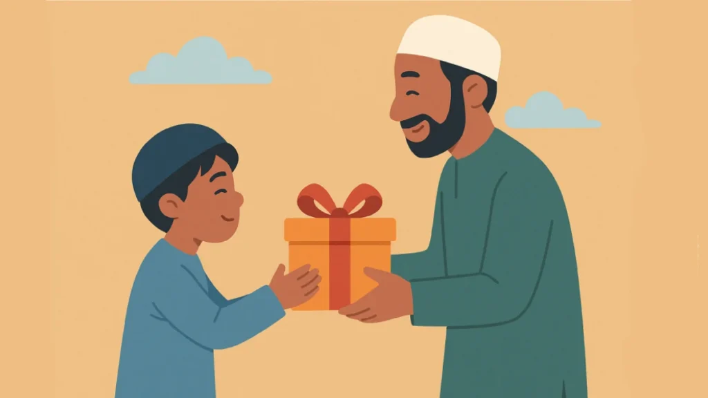 Ilustrasi program santunan anak yatim yang menunjukkan seorang lelaki memberikan hadiah kepada anak laki-laki dalam suasana hangat dan bermakna.
