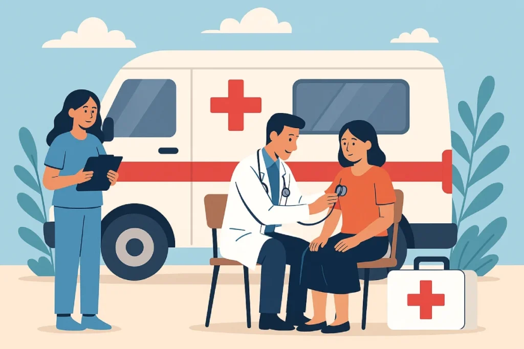 Seorang dokter memeriksa pasien dengan stetoskop di depan mobil ambulans, sementara perawat menulis catatan medis, mewakili program bantuan medis gratis.