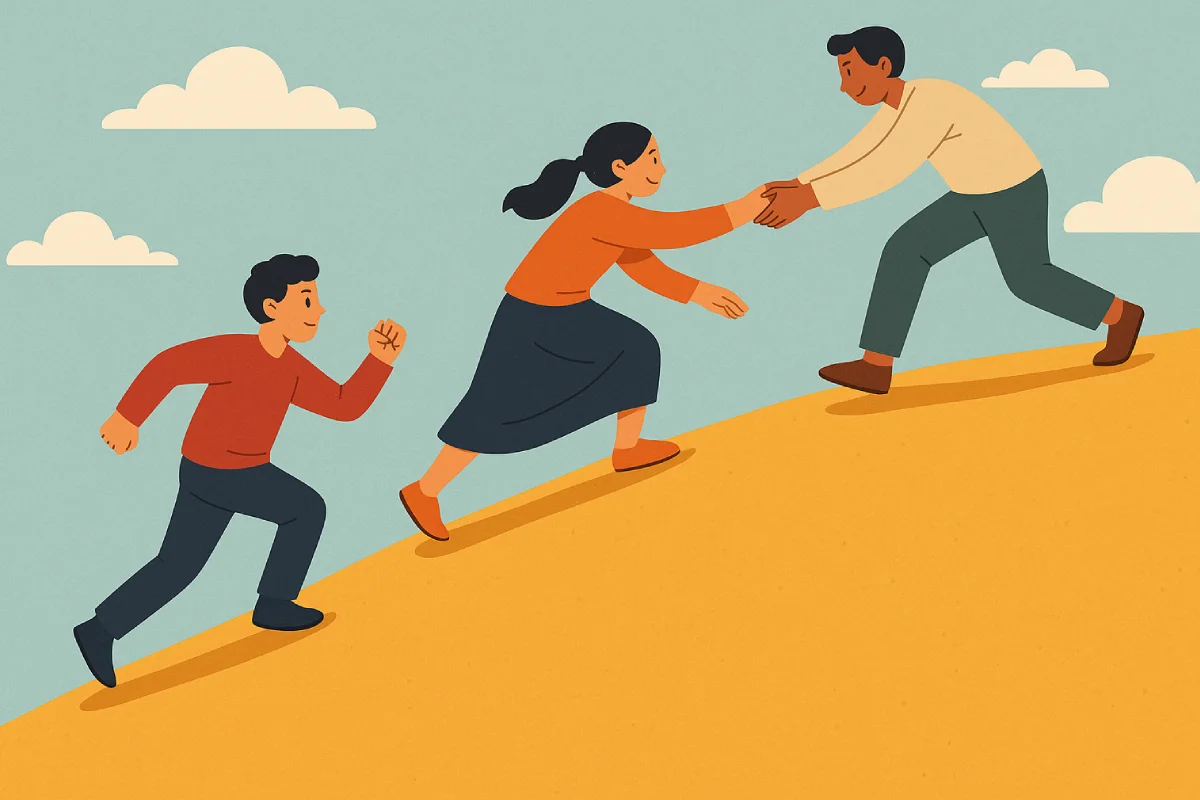 Ilustrasi konsep berlomba-lomba dalam kebaikan melalui aksi nyata yang mengutamakan empati dan kepedulian sosial.