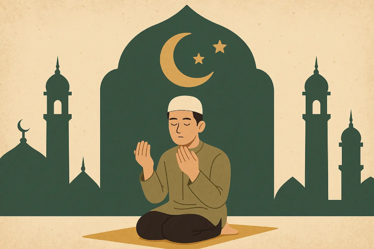 Doa Rabu Wekasan Bulan Safar dengan suasana malam yang tenang, Al-Qur’an terbuka, dan tangan terangkat dalam doa, menggambarkan ketakwaan dan harapan perlindungan dari Allah SWT.