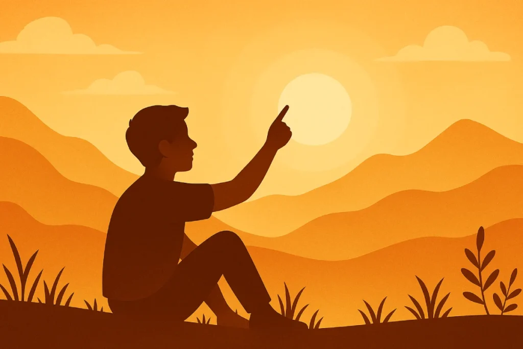 Ilustrasi inspirasi hidup melalui tindakan sederhana seperti menunjuk ke arah matahari untuk mencari makna dan tujuan.