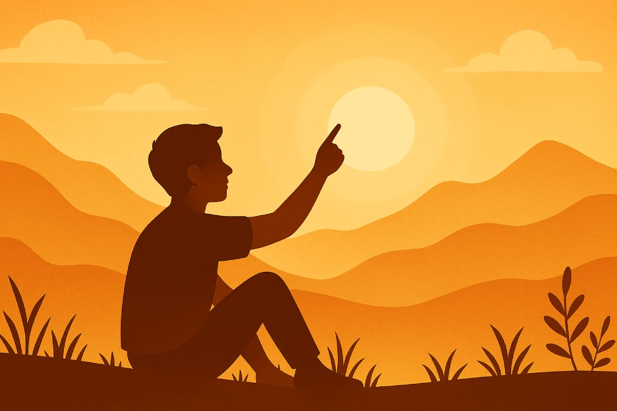 Ilustrasi inspirasi hidup melalui tindakan sederhana seperti menunjuk ke arah matahari untuk mencari makna dan tujuan.