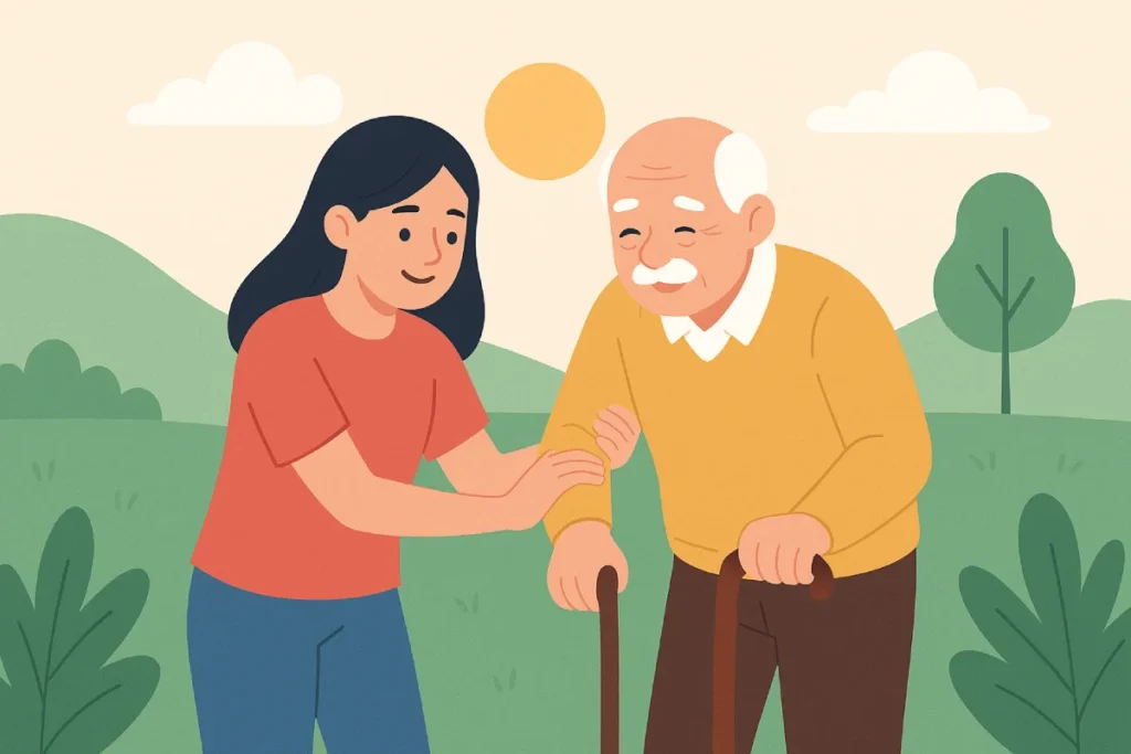 Seorang wanita membantu seorang lansia berjalan di taman, mencerminkan kebaikan dan rasa hormat.