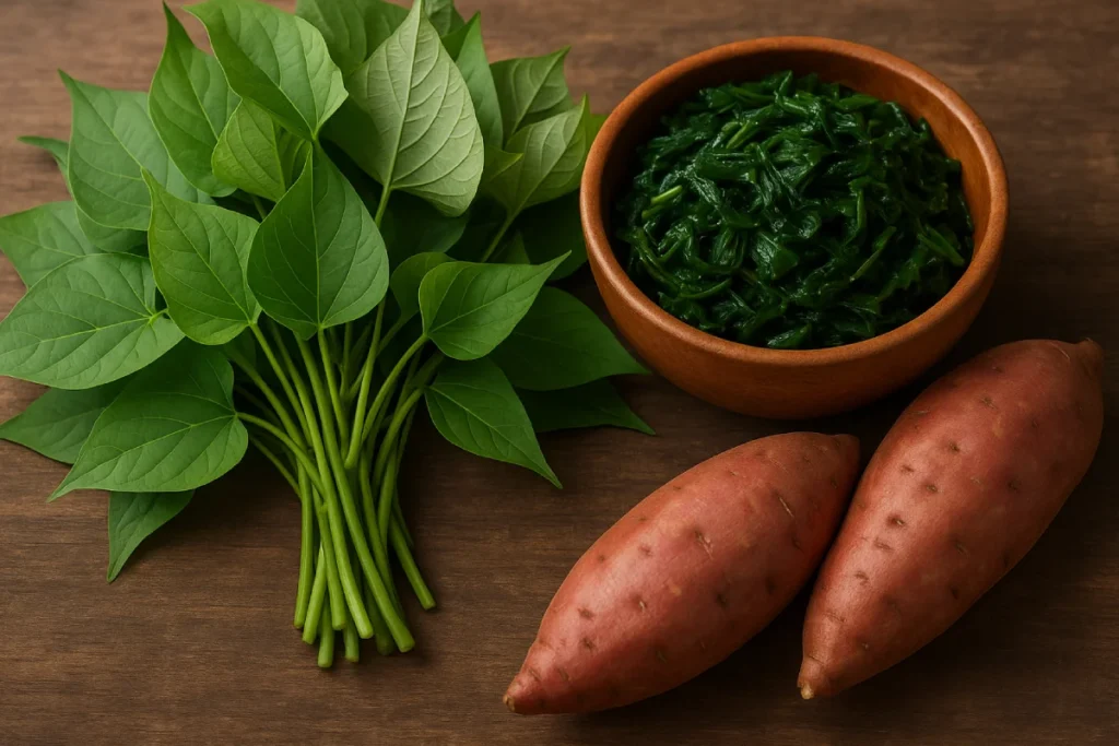 Daun hijau segar dengan tekstur alami sebagai simbol manfaat daun ubi yang sering diabaikan namun kaya akan nutrisi.
