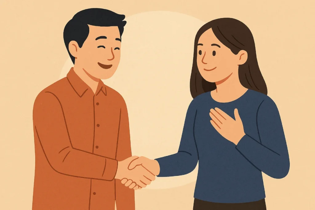 Seorang wanita memegang dadanya dengan tangan sambil tersenyum, menunjukkan rasa Mengucapkan Terima Kasih Secara Tulus kepada seorang pria yang berjabat tangan dengannya.