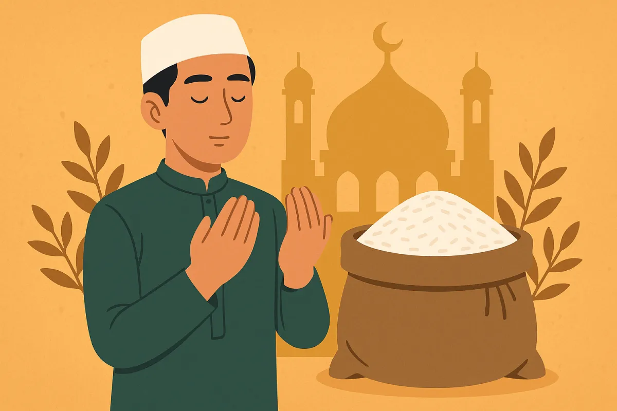 niat zakat fitrah untuk diri sendiri dengan simbol tangan memberi beras, hati yang ikhlas, dan suasana Ramadan yang penuh ketenangan.