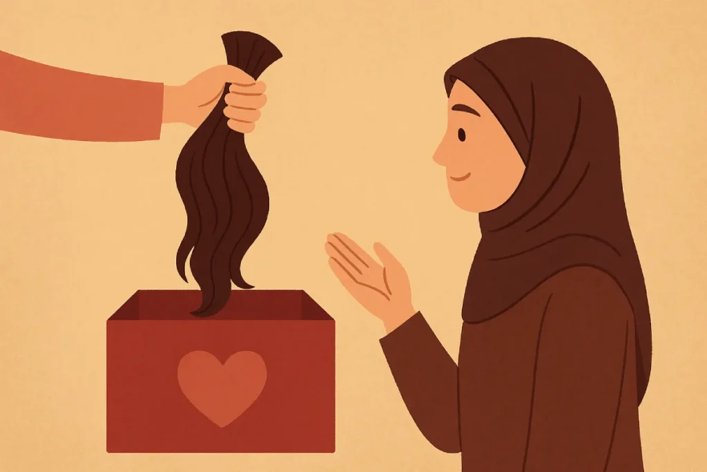 Seorang perempuan Muslim memotong rambutnya untuk disumbangkan menunjukkan bagaimana donasi rambut dalam Islam bisa menjadi tindakan penuh arti dan keikhlasan.