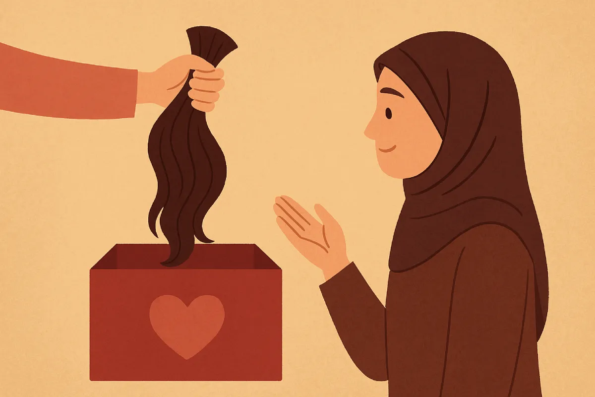 Seorang perempuan Muslim memotong rambutnya untuk disumbangkan menunjukkan bagaimana donasi rambut dalam Islam bisa menjadi tindakan penuh arti dan keikhlasan.