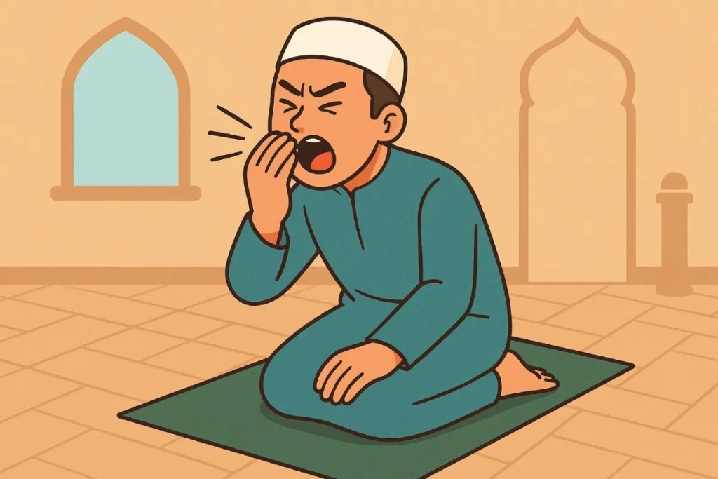 bolehkah bersin saat sholat dengan seseorang dalam posisi sholat, menggambarkan kondisi alami tubuh yang tak terhindarkan selama ibadah.