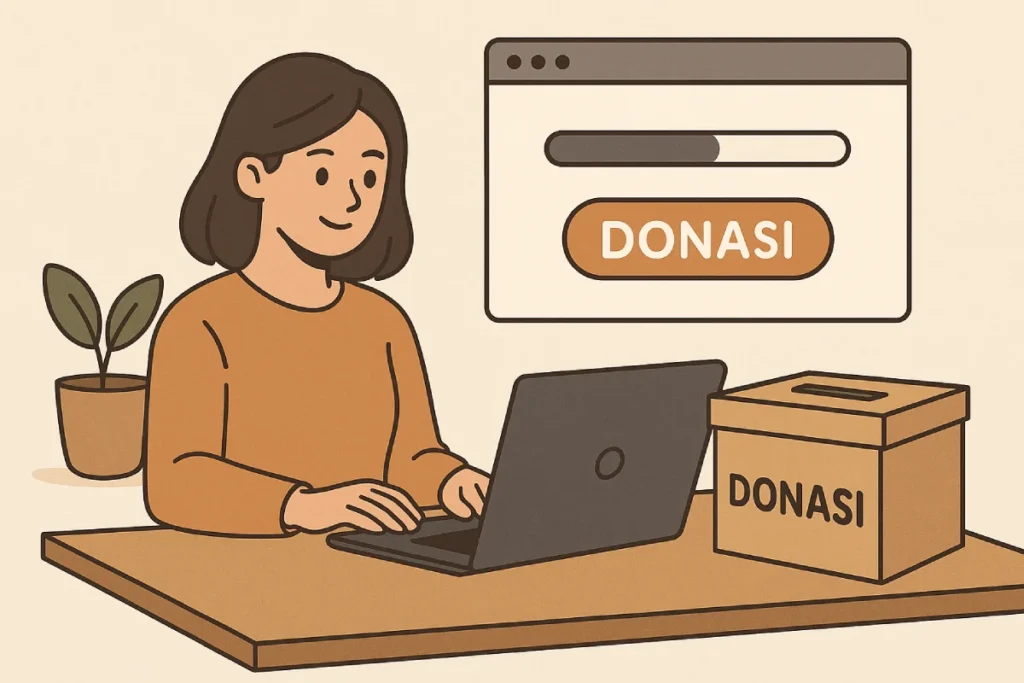 galang donasi online melalui perangkat digital dengan tangan yang memberi dan menerima, menggambarkan solidaritas di era digital.