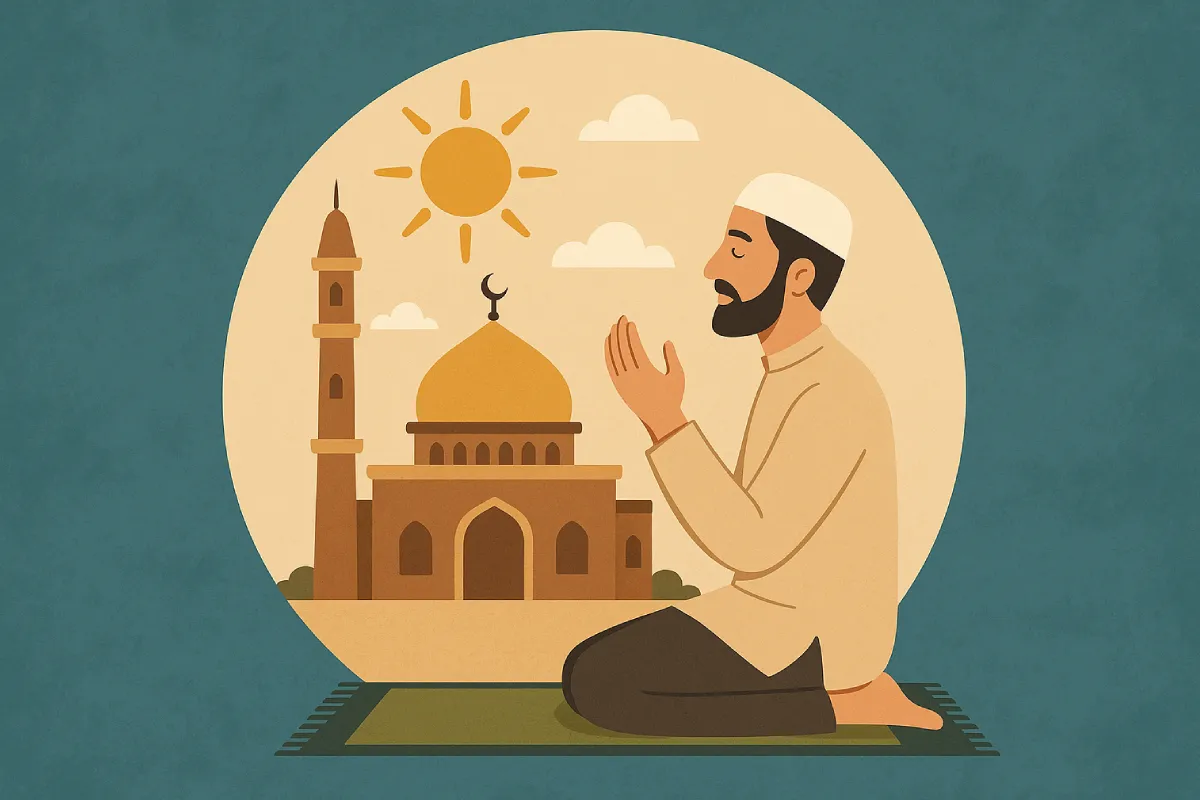 keutamaan hari Jumat dengan simbol masjid, Al-Qur’an, dan cahaya yang menggambarkan keberkahan dan spiritualitas di hari yang dimuliakan dalam Islam.