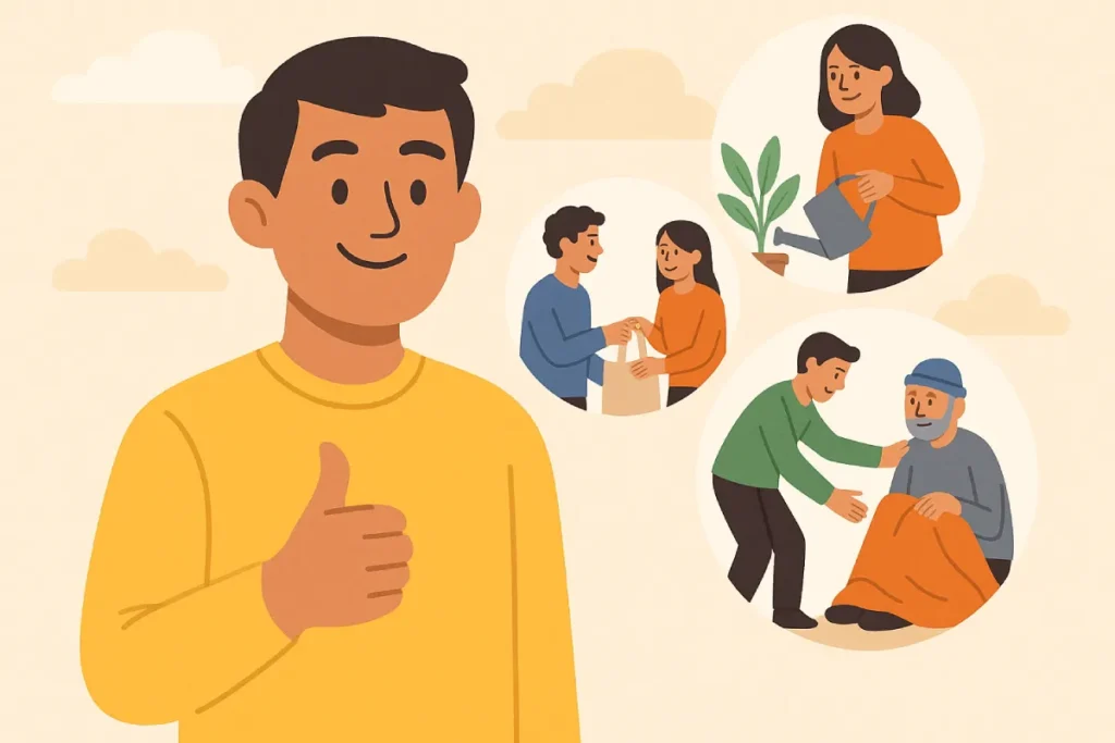 sikap baik setiap hari dengan orang-orang saling membantu, tersenyum, dan berbagi dalam berbagai situasi sehari-hari.